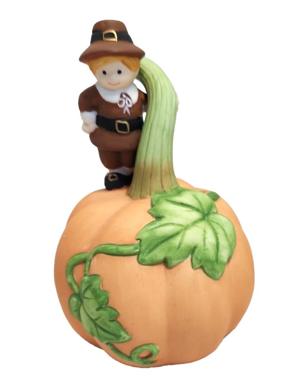 Avon 1990 Pilgrim on Pumpkin Porcelain Bell – Thanksgiving Harvest Fall Decor